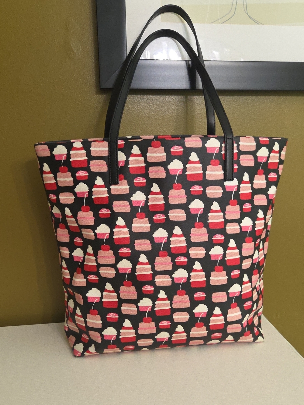 Kate Spade Black Tote Bag with Pink & Red Dessert Print - Picture 2 of 11